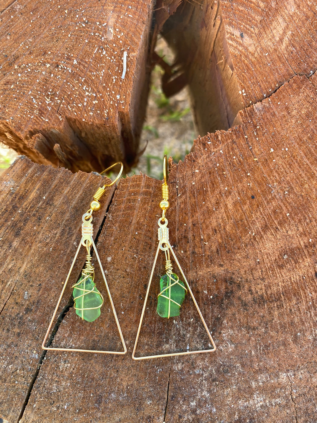 Green Seaglass Triangle Earrings