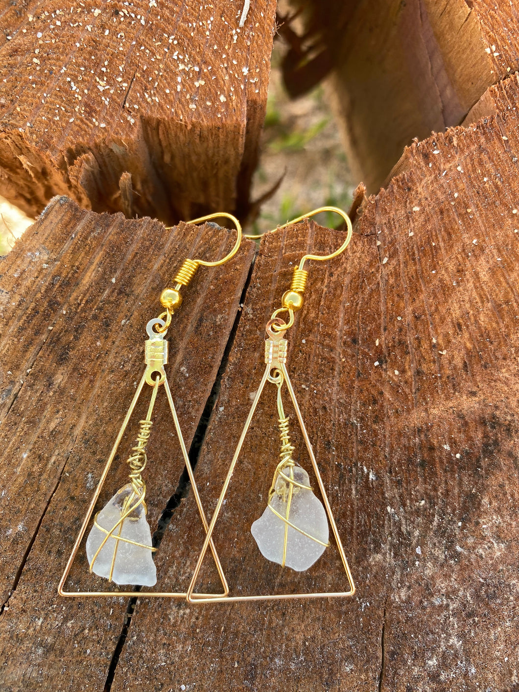 Clear Seaglass Triangle Earrings